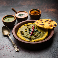makki di roti with sarson ka saag, popular punjabi main course recipe in winters made using corn breads mustard leaves curry. served over moody background - obrazy, fototapety, plakaty