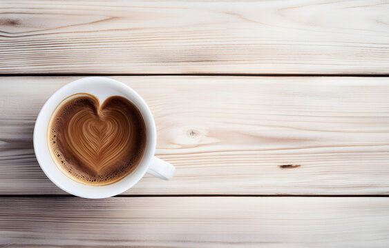 heart shape coffee cup on white wooden table top view