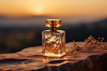 Obraz na płótnie Canvas Generic luxury gold perfume mockup glass bottle with golden chrome and marbled glass body with on rock display at golden hour time
