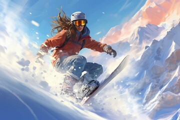 Girl snowboarder enjoys the ski resort