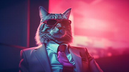 A cool cat in a business suit in neon colors