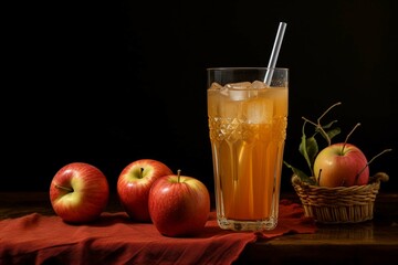 Glass of fresh apple juice with apple pieces and straw