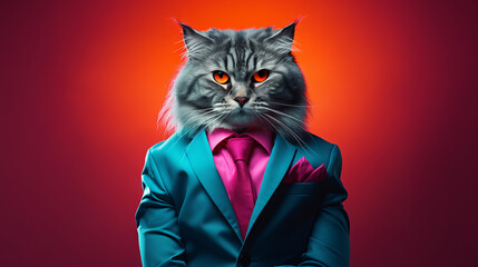 A cool cat in a business suit in neon colors
