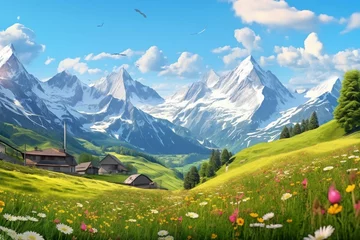 Photo sur Aluminium Bleu Idyllic mountain landscape in the Alps with blooming meadows in springtime