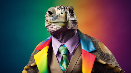 A cool turtle in a business suit in rainbow colors