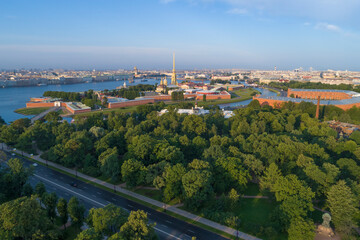 Peter and Paul Fortress in the city landscape on a sunny July morning. St. Petersburg, Russia