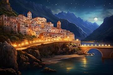 Landscape with Atrani town at famous amalfi coast, Italy - obrazy, fototapety, plakaty
