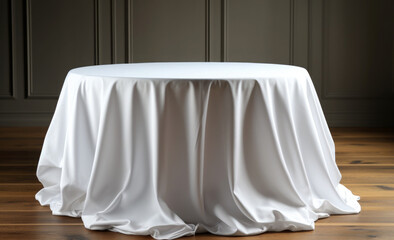Fototapeta na wymiar white round tablecloth on the table, wedding scenario