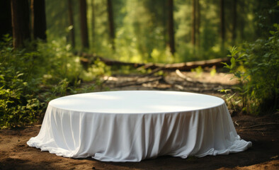Fototapeta na wymiar white round tablecloth on the table, wedding scenario