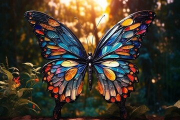 large stunningly beautiful fairy wings Fantasy abstract paint colorful butterfly sits on garden.The insect casts a shadow on nature.The insect has many geometric angles.3d render