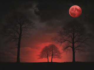 silhouette of trees and red full moon