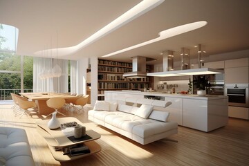 Modern living room with kitchen
