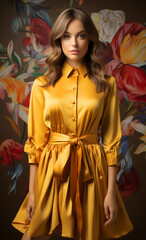 Portrait of beautiful young woman in yellow dress. Fashion photo. model posing in studio