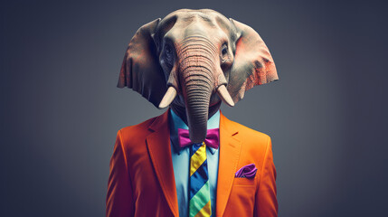 A cool elephant in a business suit in rainbow colors