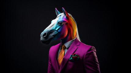 A cool horse in a business suit in rainbow colors