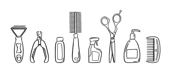 Pet grooming set. Salon for animals. Doodle style animal and character hand drawn. Vector illustration.