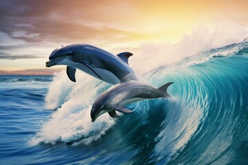 Playful dolphins jumping over breaking waves. Hawaii Pacific Ocean wildlife scenery. Marine animals in natural habita