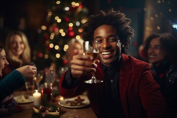 Portrait of a Handsome Young Black Man Proposing a Toast at a Christmas Dinner Table. Family and Friends Sharing Meals, Raising Glasses with Champagne, Toasting, Celebrating a Winter Holiday
