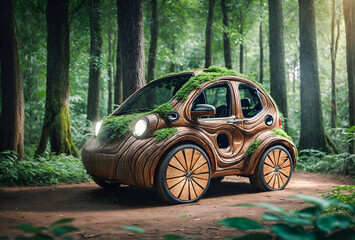 A designed car with the appearance of a tree trunk
