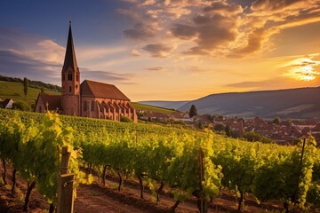 Summer sunset view of the medieval church of Saint-Jacques-le-Major in Hunawihr, small village between the vineyards of Ribeauville, Riquewihr and Colmar in Alsace, wine making region of France - obrazy, fototapety, plakaty