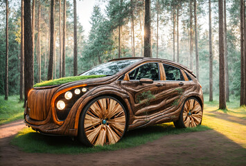 A designed car with the appearance of a tree trunk
