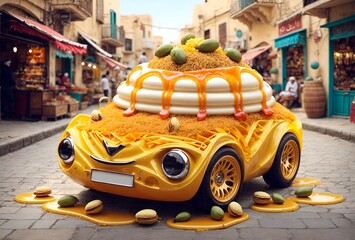 cute car designed to look like an Arabic Kunafa dessert