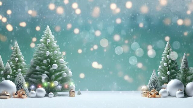 christmas celebration with snowman and christmas tree with snowfall decoration concept. with cartoon style. seamless looping time-lapse virtual video animation background.