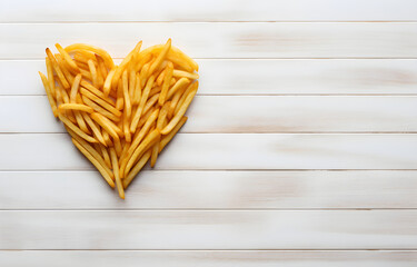 symbol of the heart is lined with french fries on white wooden t - obrazy, fototapety, plakaty