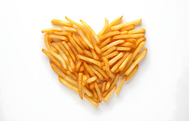 Fototapeta premium symbol of the heart is lined with french fries on white wooden t
