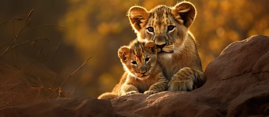Foto op Canvas A lion cub in Gir forest feels blessed with his warrior mother. © 2rogan