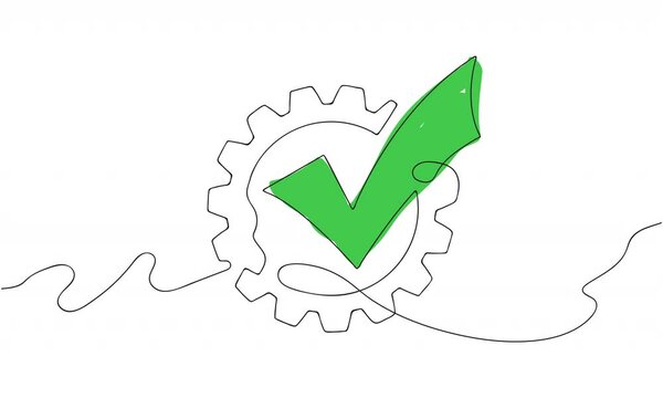 4K animation video of Continuous One black line drawing of Gear with Green Check mark inside. 