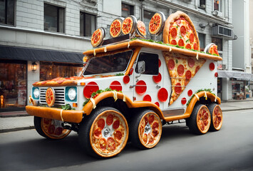 a four-wheel drive vehicle designed to look like a mobile pizza shop
