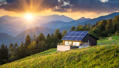 Fototapeta na wymiar house with solar panels on a hill in the mountains during sunset; green energy concept