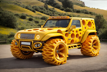 a four-wheel drive vehicle designed to look like a large piece of yellow cheese