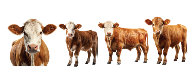 Collection of cow's brown and white portraits from different angles isolated on a white background as transparent PNG, animal bundle