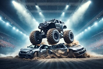 an 4X4 vehicle with large wheels driving over crushed cars in a show arena
