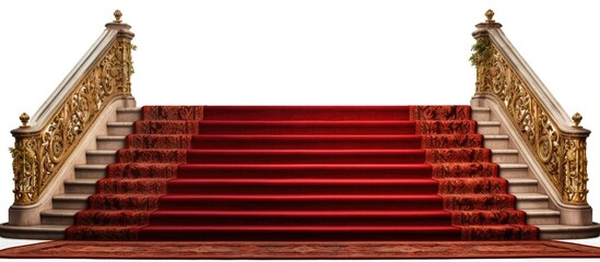 Antique stairs covered in fancy red carpet, going up.