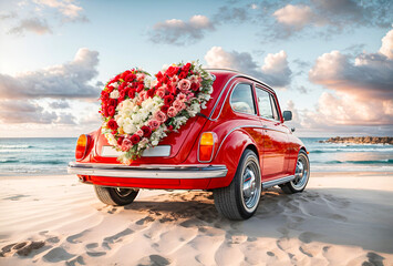 a lovely red car, decorated with flowers arranged in a heart shape