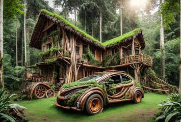 a house and a car, both creatively made entirely from tree trunks and plants