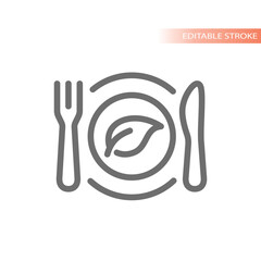 Vegan meal, fork and knife line icon. Vegetarian dish with plate and leaf outline vector.