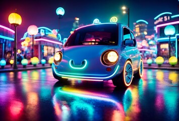 cute car fully illuminated with neon lights