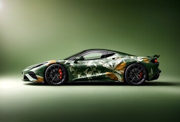 a sports car with a nature-themed wrap