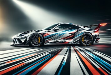 a sports car with a distinctive wrap that signifies speed