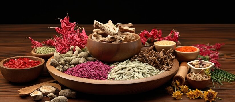 Chinese medicine utilizes a variety of herbs displayed around a medicine bowl on a wooden podium to treat and improve overall well-being.