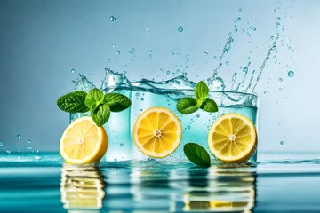 *Fresh lemon and mint falling into water with splash , isolated on white background.