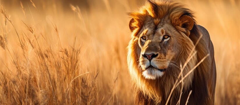 A big male lion walks in the tall golden grass of a savannah in Okavango Delta, Botswana.