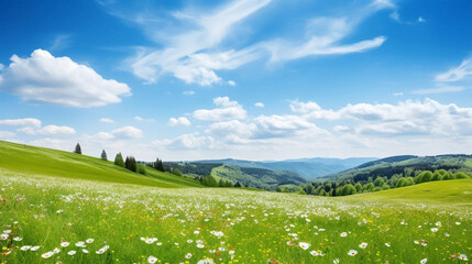 copy space, stockphoto, Beautiful natural spring summer landscape of a flowering meadow in a hilly area on a bright sunny day. Many flowers in a field in green grass. Shallow depth of field.