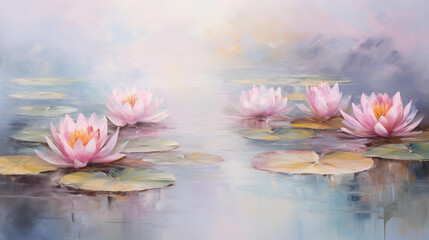 a painting of light pink water lilies in a pond, an impressionist painting, mental health yoga concept for print, decoration