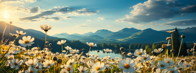 A lush field of wildflowers, a serene lake, and majestic mountains in spring.