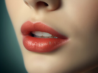 Close up of women's lips with cherry lip gloss - obrazy, fototapety, plakaty